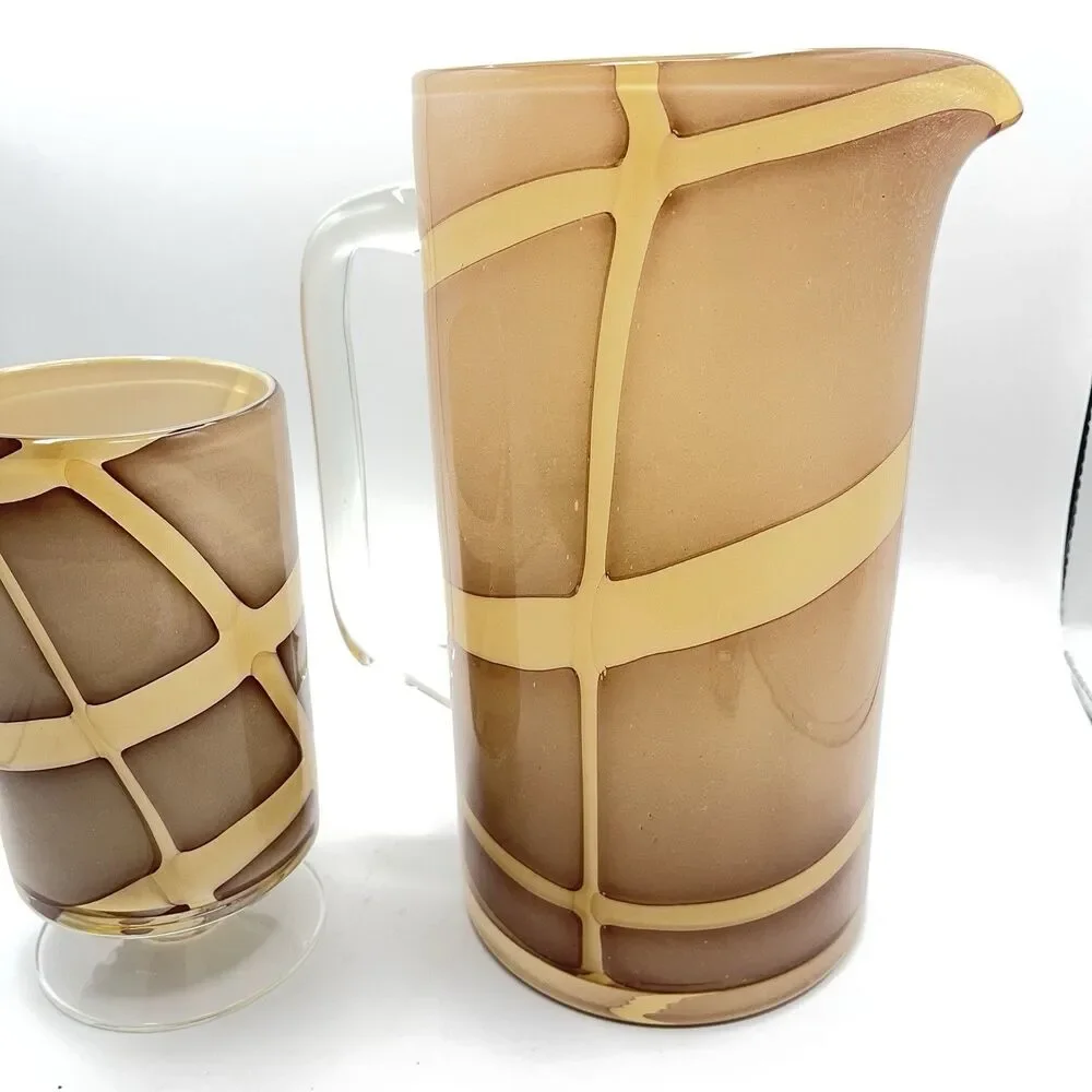 Vintage Hand Blown Glass Pitcher w Handle Nude w Cream Swirls Plus One Glass